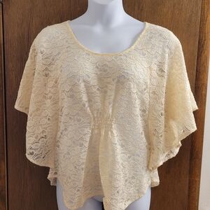 Cato Womans Top XL Ivory Floral Sheer Lace  Boho Cottage Fairy Flutter Sleeves